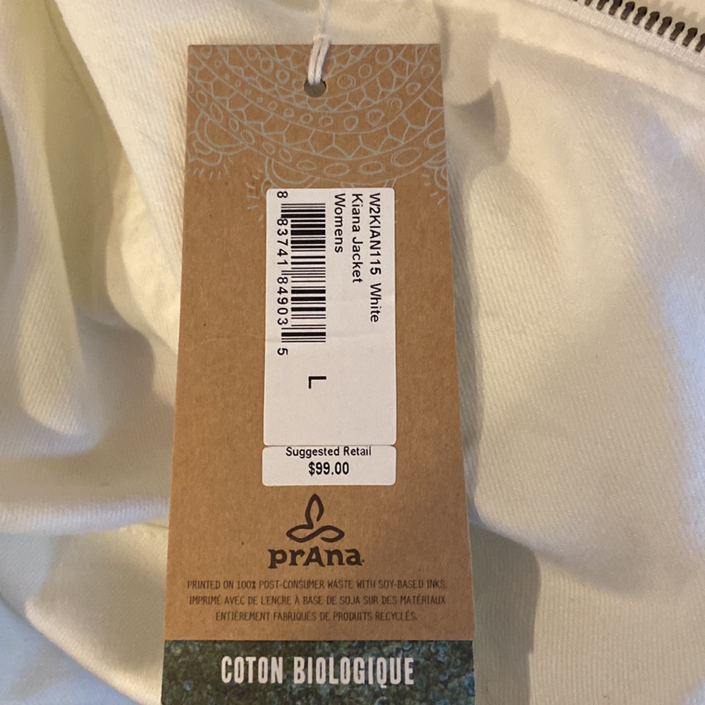 White Prana zip up fall jacket Organic cotton size large new with tags - Picture 8 of 8